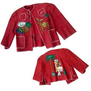 Vintage 1940s Mexican Hand Embroidered Red Wool Jacket | kids 7 year old -